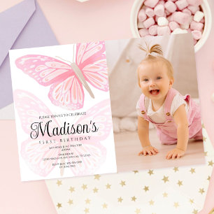 Invitación Mariposas rosadas bonitas acuarela Primera Cumplea
