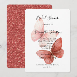 Invitación Mariposas Rosadas Brillo Rojo Despedida de Soltera