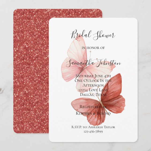 Invitación Mariposas Rosadas Brillo Rojo Despedida de Soltera (Anverso / Reverso)