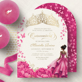 Invitación Mariposas rosadas calientes Floral Tiara Quinceane