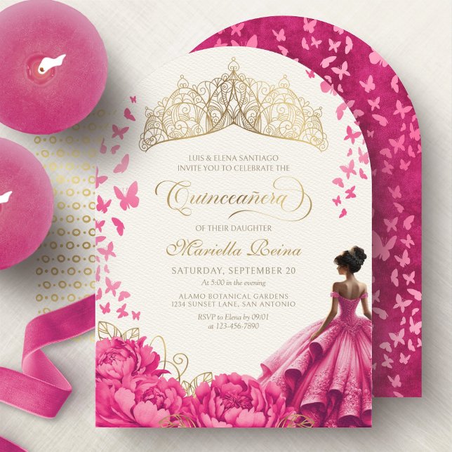 Invitación Mariposas rosadas calientes Floral Tiara Quinceane (Subido por el creador)