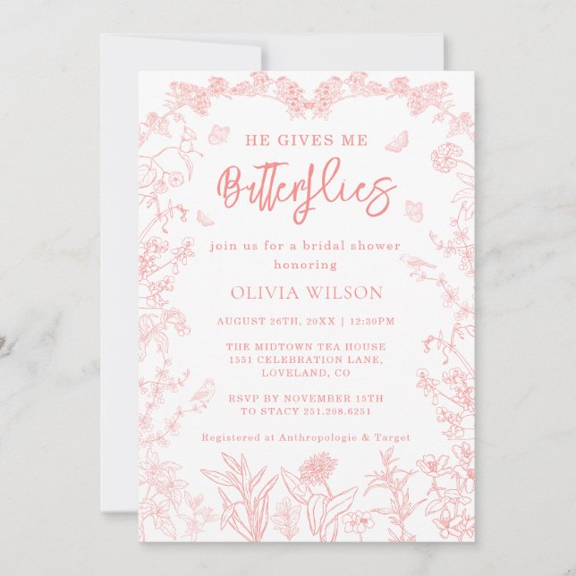 Invitación Mariposas rosadas Chinoiserie Ducha de novias (Anverso)