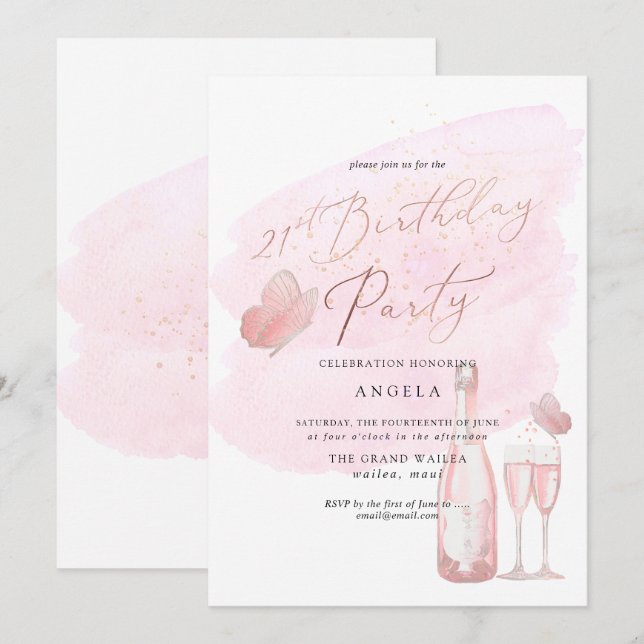 Invitación Mariposas rosadas color champán 21 años (Anverso / Reverso)
