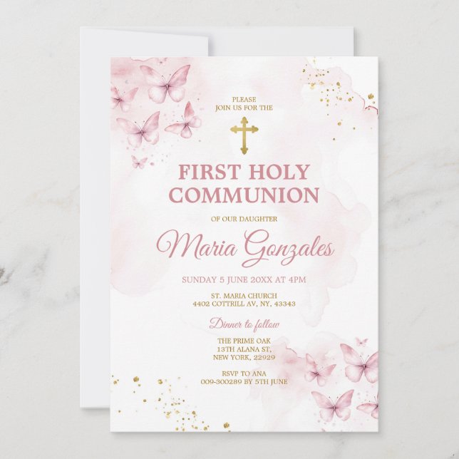 Invitación Mariposas Rosadas Cruz del Oro Primera Comunión Sa (Anverso)