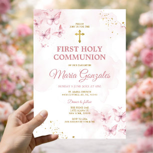 Invitación Mariposas Rosadas Cruz Dorada Primera Comunión