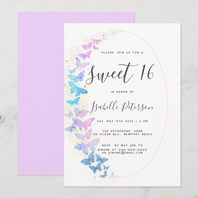 Invitación Mariposas rosadas de oro morado Boho Frame Sweet 1 (Anverso / Reverso)