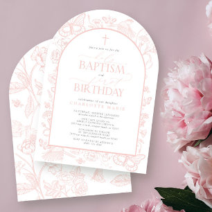 Invitación Mariposas Rosadas de Rubor Bautismo Santo y Primer