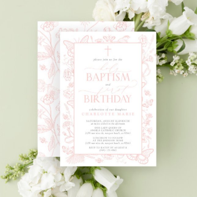Invitación Mariposas Rosadas de Rubor Bautismo Santo y Primer (Easily personalize this beautiful baptism and first birthday invitation with your personal details)