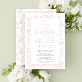 Invitación Mariposas Rosadas de Rubor Bautismo Santo y Primer