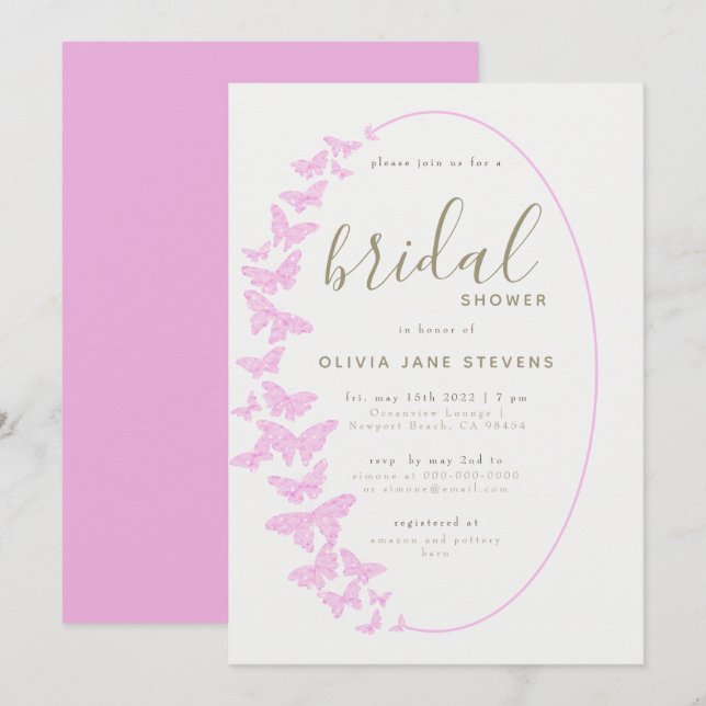 Invitación Mariposas rosadas Elegante Boho Frame Bridal Showe (Anverso / Reverso)