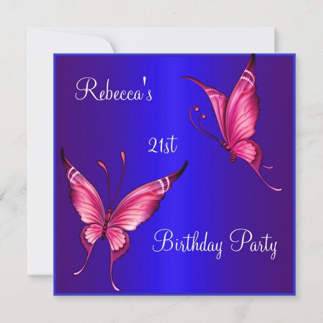 Invitación Mariposas rosadas Fiesta de cumpleaños 21 azul (Anverso)