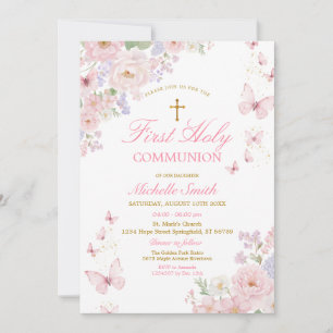Invitación Mariposas Rosadas Floral Polvorienta Primera Comun