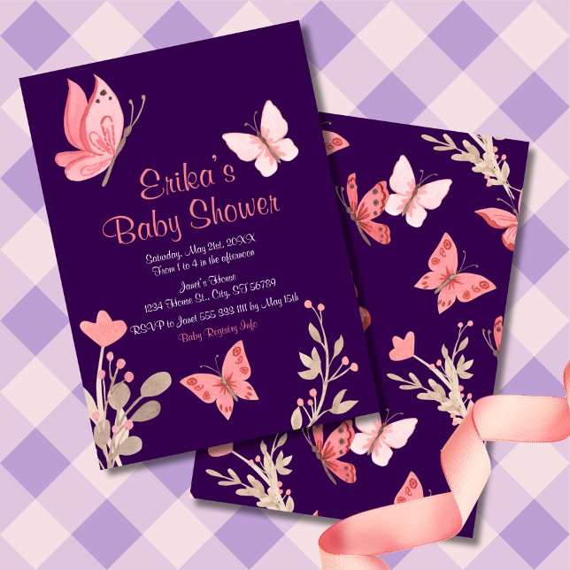 Invitación Mariposas Rosadas Floral Purple Baby Shower (Subido por el creador)