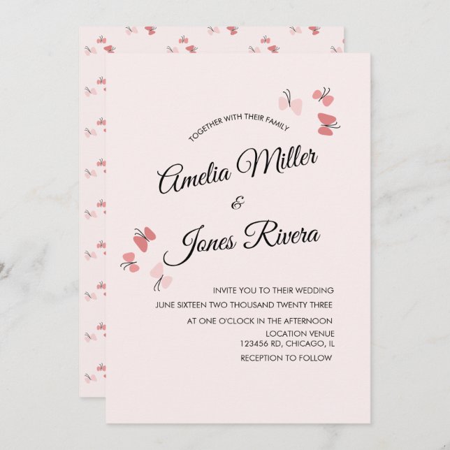 Invitación Mariposas rosadas Jardín Boda romántico (Anverso / Reverso)