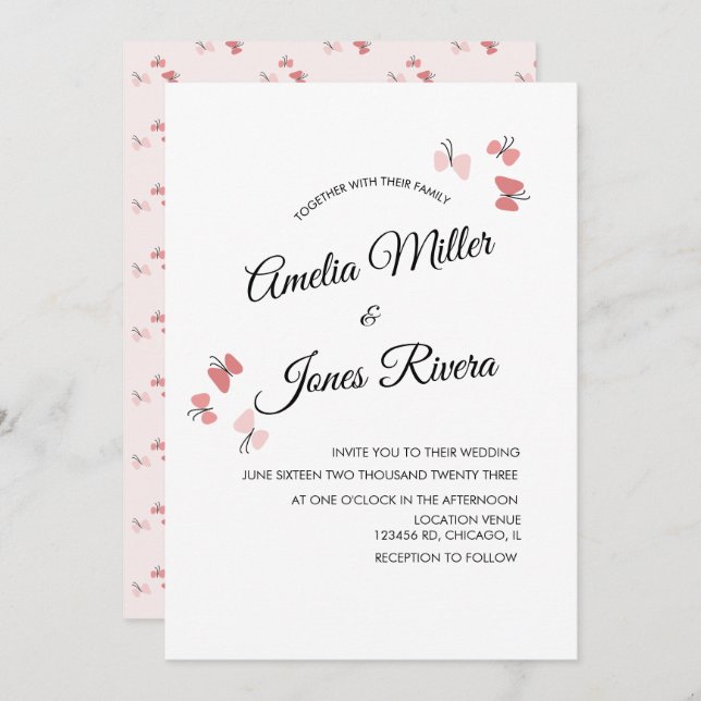 Invitación Mariposas rosadas Jardín Romántico Boda simple (Anverso / Reverso)