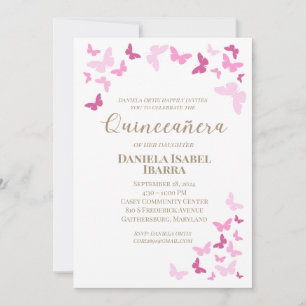Invitación Mariposas rosadas Letras de oro de Quinceañera