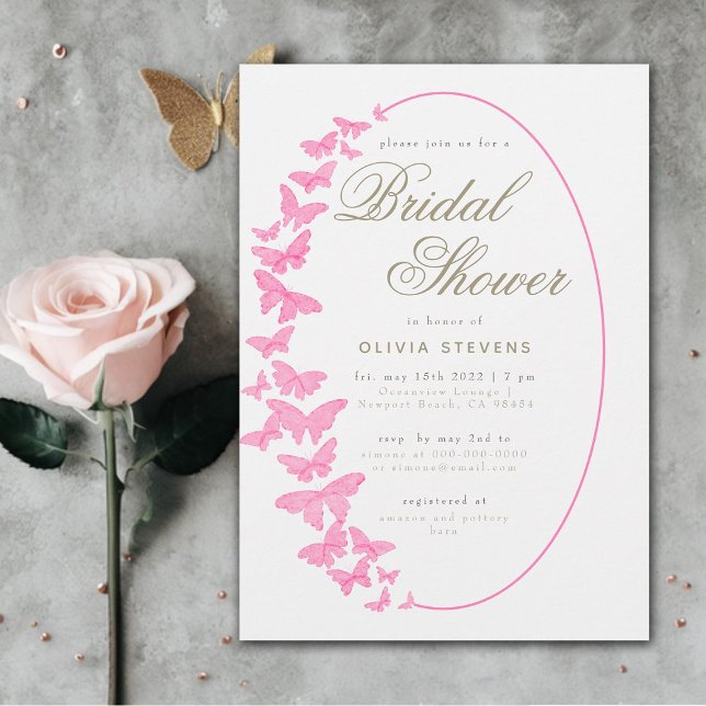Invitación Mariposas Rosadas Marco Boho Ducha Bridal Elegante (pink butterflies elegant calligraphy boho frame bridal shower invitation modern romantic chic gold)
