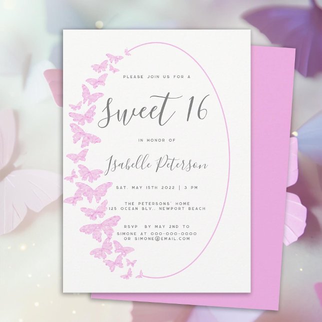 Invitación Mariposas Rosadas Marco Boho Elegante Moda Dulce 1 (pink butterflies boho frame sweet 16 birthday party invitation sweet sixteen elegant trendy simple)
