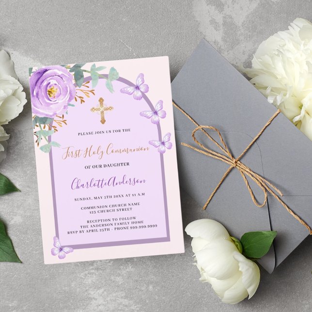 Invitación Mariposas rosadas púrpuras arco Primera Comunión (Subido por el creador)