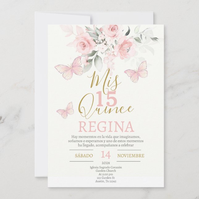 Invitación Mariposas rosadas Quinceañera (Anverso)