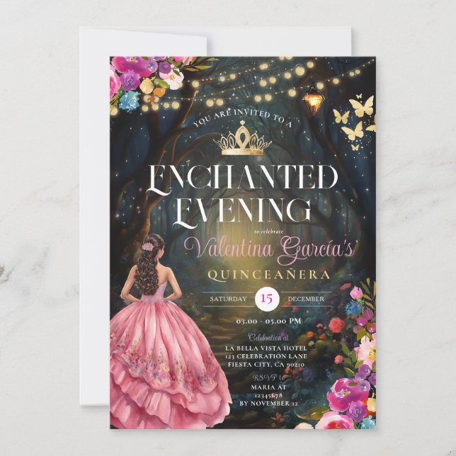 Invitación Mariposas rosadas Quinceañera 15 flores de oro (Anverso)