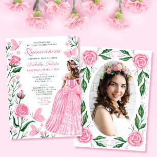 Invitación Mariposas Rosadas Rubor Foto de la princesa Quince