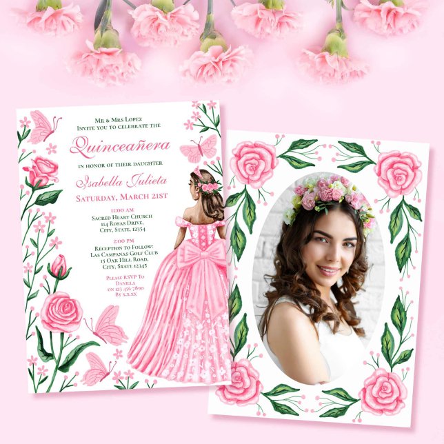 Invitación Mariposas Rosadas Rubor Foto de la princesa Quince (Blush Pink Butterflies Princess Photo Quinceanera Invitation)