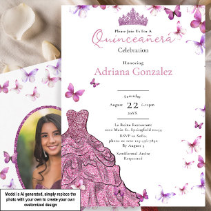 Invitación Mariposas rosadas vestido y tiara foto Quinceanera