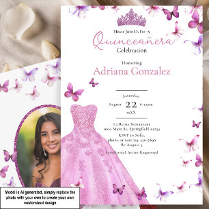 Invitación Mariposas Rosadas Vestido y Tiara Foto Quinceañera