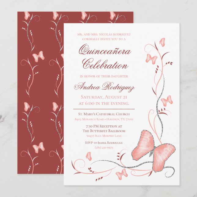 Invitación Mariposas rosadas y Swirls Quinceanera (Anverso / Reverso)