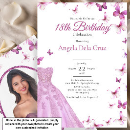 Invitación Mariposas Rosadas Y Vestido Debut Cumpleaños 18