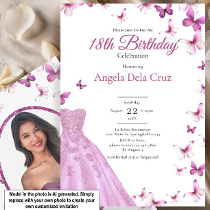 Invitación Mariposas Rosadas Y Vestido Debut Cumpleaños 18