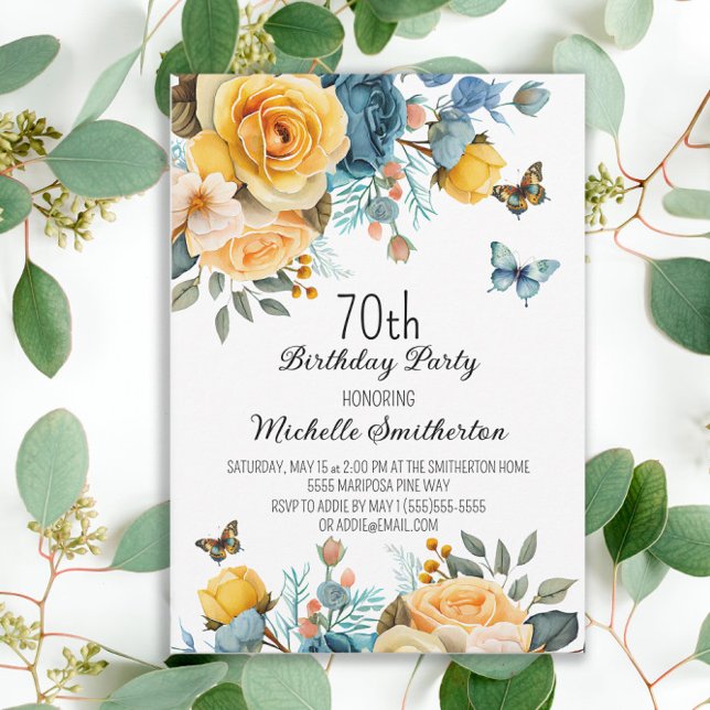 Invitación Mariposas Rosas Azules Rustales Amarillas 70 cumpl (Mustard yellow and dusty blue watercolor floral and butterflies women's 70th birthday party invite)