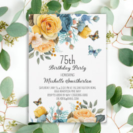 Invitación Mariposas Rosas Azules Rustales Amarillas 75º cump