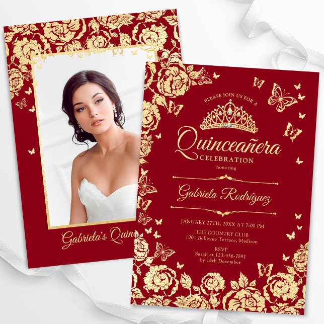 Invitación Mariposas Rosas de Oro Rojo Foto de Quinceanera (Subido por el creador)