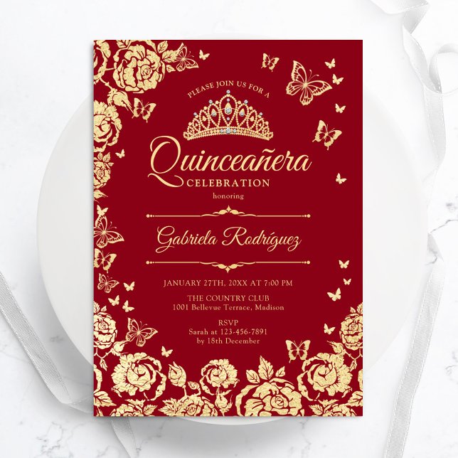 Invitación Mariposas Rosas de Oro Rojo Quinceanera (Subido por el creador)
