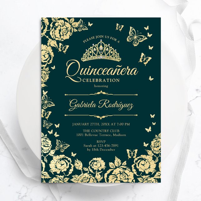 Invitación Mariposas Rosas de oro verde esmeralda Quinceanera (Subido por el creador)