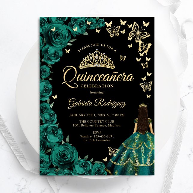 Invitación Mariposas Rosas de oro verde esmeralda Quinceanera (Subido por el creador)