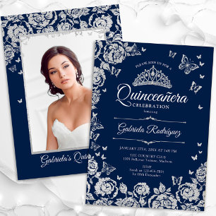 Invitación Mariposas Rosas de Plata de la Marina Quinceanera