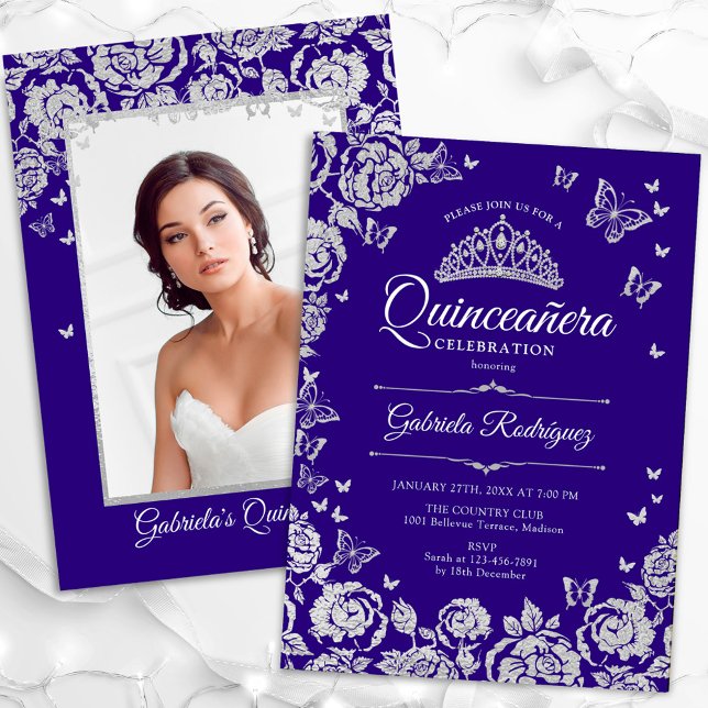 Invitación Mariposas Rosas de Plata Morada Quinceanera Foto (Subido por el creador)