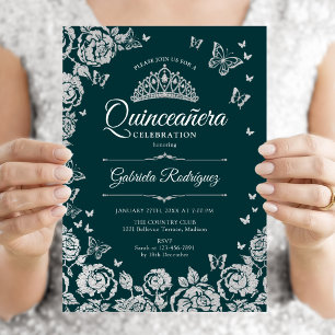 Invitación Mariposas Rosas de Plata Verde Esmeralda Quinceane