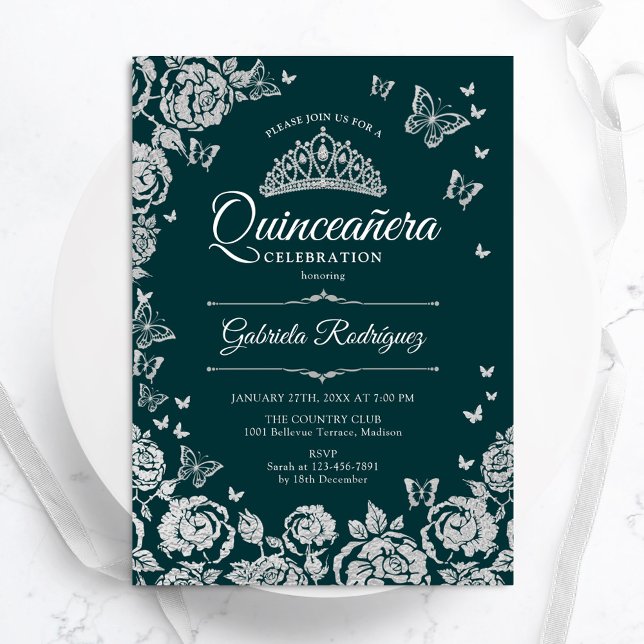 Invitación Mariposas Rosas de Plata Verde Esmeralda Quinceane (Subido por el creador)