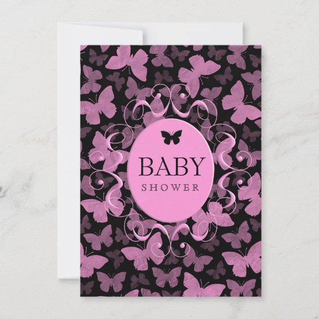 Invitación Mariposas rosas en negro (Anverso)