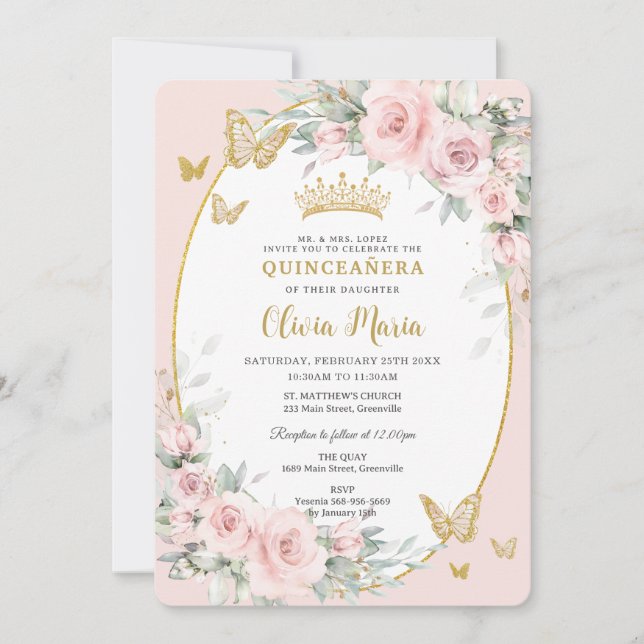 Invitación Mariposas Rosas Florales Rosadas de Rubor Quinceañ (Anverso)
