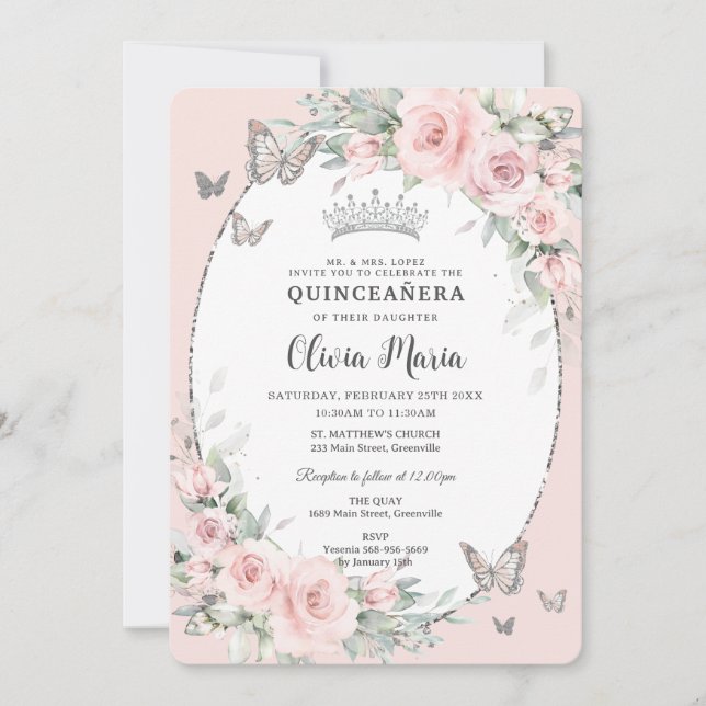 Invitación Mariposas Rosas Florales Rosadas de Rubor Quinceañ (Anverso)