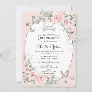Invitación Mariposas Rosas Florales Rosadas de Rubor Quinceañ