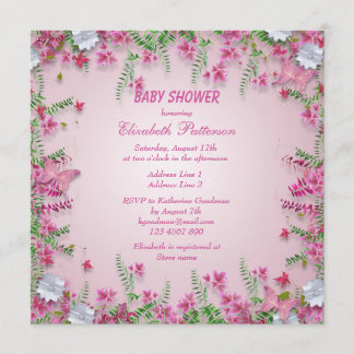 Invitación Mariposas rosas, flores y cerdas, ducha bebé
