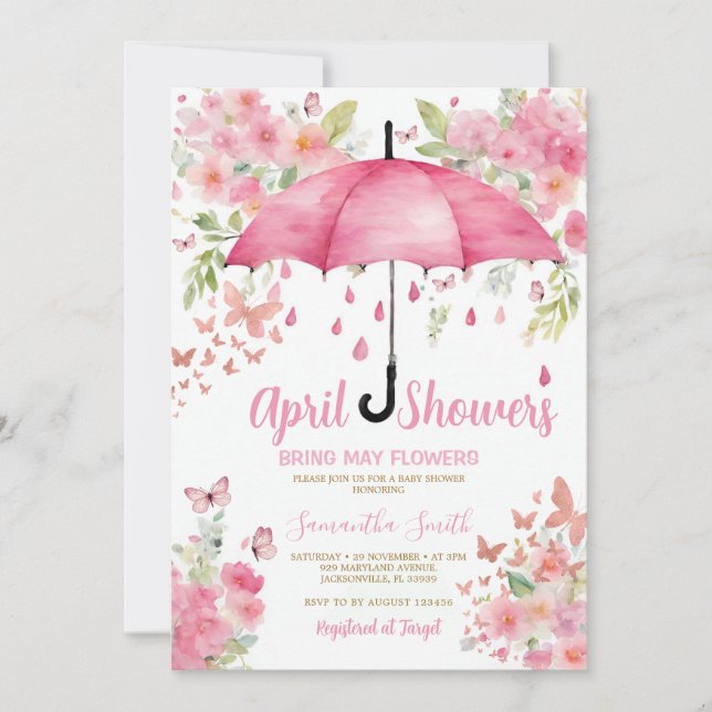 Invitación Mariposas rosas Las Duchas De Abril Traen Flores D (Anverso)