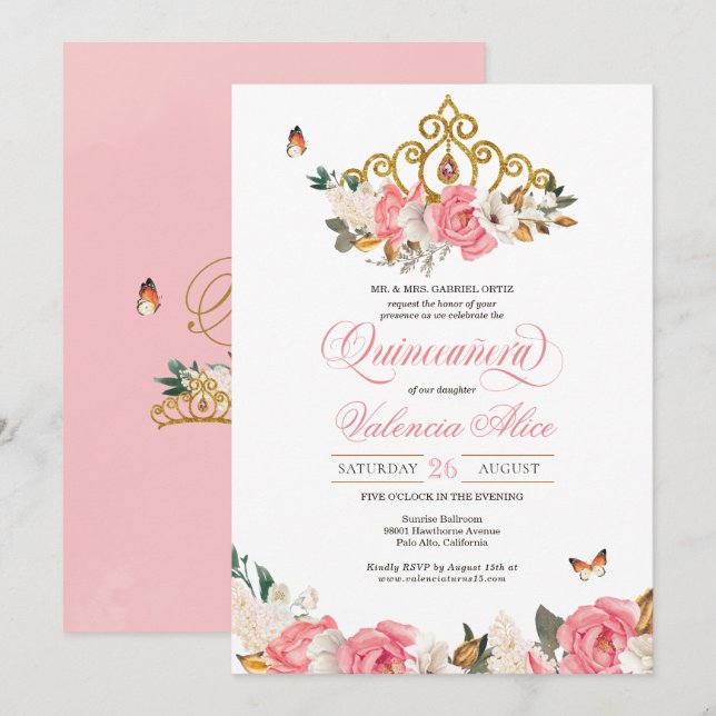 Invitación Mariposas rosas rosas Quinceanera Gold Tiara (Anverso / Reverso)