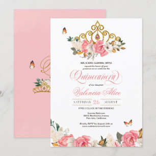 Invitación Mariposas rosas rosas Quinceanera Gold Tiara